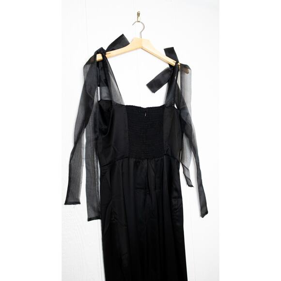 REFORMATION Kacia Black Satin Sheer Organza Bow Tie Straps Maxi Dress US 10 NWT - Picture 7 of 13